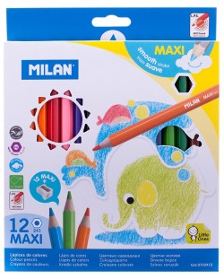 Σετ με χρωματιστά μολύβια  Milan Maxi - Εξάγωνα , 12 χρώματα + ξύστρα