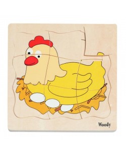Ξύλινο πολυεπίπεδο παζλ Woody - Αυγό και κότα