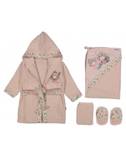 Παιδικό σετ για μπάνιο Miniworld - Μπουρνούζι και πετσέτα, κουνελάκι, ροζ