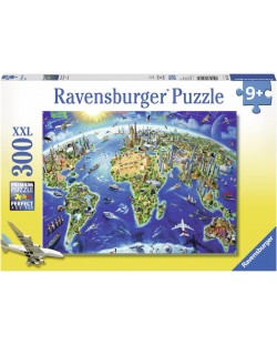 Παιδικό παζλ Ravensburger  300 XXL κομμάτια - Χάρτης με παγκόσμια ορόσημα