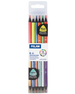 Χρωματιστά μολύβια με δύο μύτες Milan - Triangular Bicolour Metal, 12 χρώματα