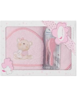 Σετ βρεφική πετσέτα με χτένα και βούρτσα Interbaby - Love you Pink, 100 x 100 cm