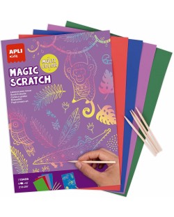 Σετ κάρτες scratch  Apli Kids - 8 χρωματιστές κάρτες και 4 ξύλινα ραβδάκια 