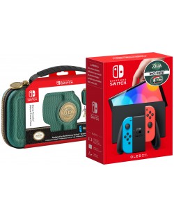 Nintendo Switch OLED - Neon Red & Neon Blue + Zelda Travel Case