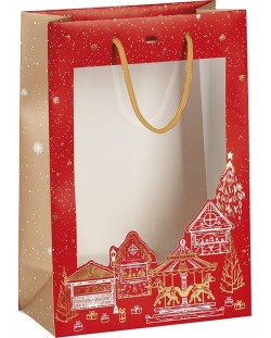 Τσάντα δώρου Giftpack - Bonnes Fêtes, 20 x 10 x 29 cm, κόκκινο με χρυσή σφράγιση, με PVC παράθυρο