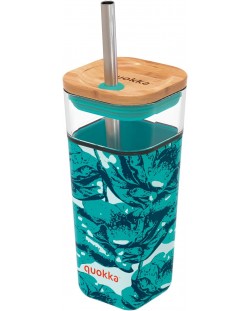 Γυάλινο κύπελλο με καλαμάκι Quokka Liquid Cube - Water Flowers, 540 ml