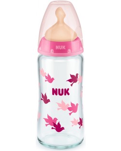 Γυάλινο μπιμπερό Nuk - First Choice, TC, 240 ml, ροζ