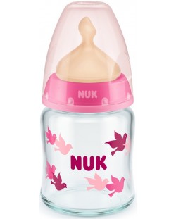 Γυάλινο μπιμπερό με θηλή από καουτσούκ Nuk - First Choice, TC, 120 ml, ροζ
