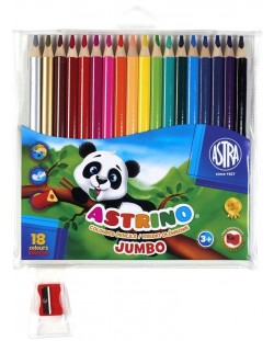 Τριγωνικά έγχρωμα μολύβια Astra Astrino - 18 χρώματα + ξύστρα, ποικιλία