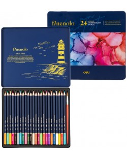Χρωματιστά μολύβια ακουαρέλας Deli Finenolo - EC129, 24 χρώματα, σε μεταλλικό κουτί