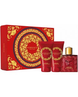 Versace Комплект Eros Flame - Eau de Parfum, Αφρόλουτρο και aftershave, 3 x 50 ml