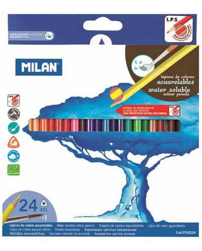 Τριγωνικά χρωματιστά μολύβια ακουαρέλας Milan - 24 χρώματα, με πινέλο, μύτη Ø 2.9 mm - 1