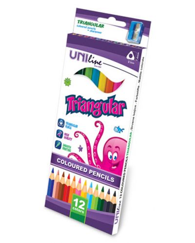 Χρωματιστά τριγωνικά μολύβια Uniline - 12 χρώματα, με ξύστρα - 1