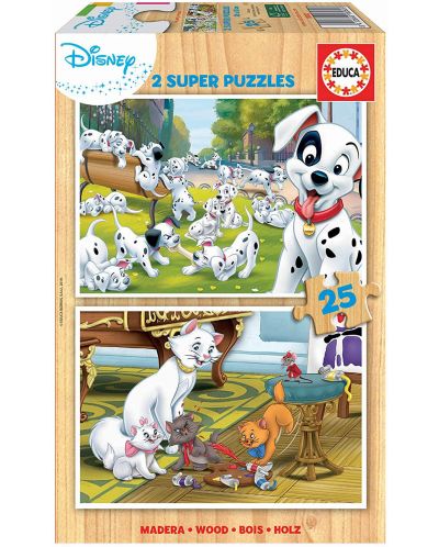 Παζλ Educa 2 x 25 κομμάτια - Ζώα της Disney, Τα 101 Σκυλιά της Δαλματίας και οι Αριστόγατες  - 1