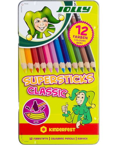 Χρωματιστά μολύβια JOLLY Kinderfest Classic - 12 χρώματα, σε μεταλλικό κουτί - 1