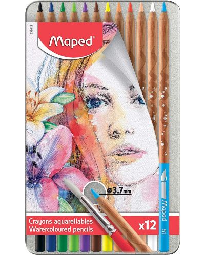 Μολύβια ακουαρέλα Maped Water Artist - 12 χρώματα, σε μεταλλικό κουτί - 1