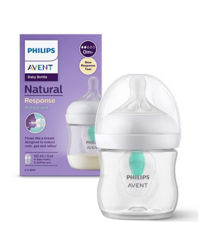 Μπιμπερό  Philips Avent - Natural Response 3.0, AirFree, με θηλή 0 μηνών+, 125 ml - 1