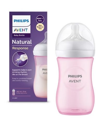 Μπιμπερό  Philips Avent - Natural Response 3.0, με θηλή  1  μηνών +,260 ml, ροζ - 1