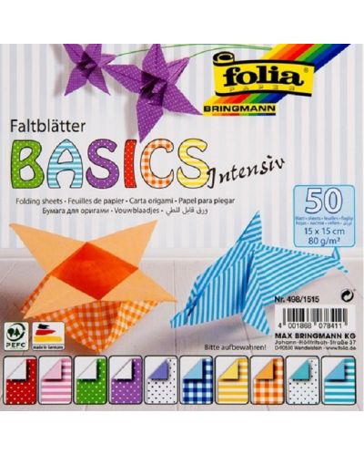 Μπλοκ με χρωματιστά χαρτιά origami Folia - Basic Intensive, 50 φύλλα - 1