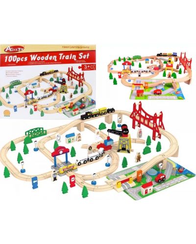  Ξύλινο τρένο με ράγες και σταυροδρόμι Acool Toy- 100 τεμάχια - 1