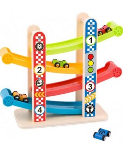 Ξύλινη πίστα Tooky toy, με 4 αυτοκίνητα - 1