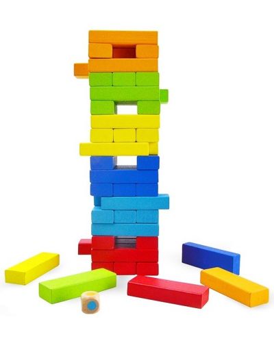 Ξύλινο χρωματιστό παιχνίδι ισορροπίας Acool Toy - Jenga με ζάρια - 1