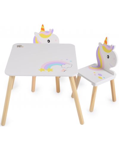 Ξύλινο σετ  Moni Toys - Τραπεζάκι με δύο καρέκλες,unicorn - 1