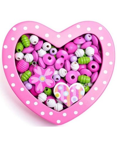 Ξύλινες χάντρες με κορδόνι Woody - Μικρή ροζ καρδιά - 1