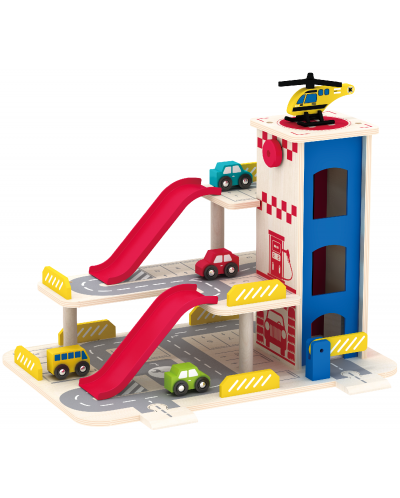 Ξύλινο σετ  Acool Toy -Γκαράζ τριών επιπέδων με ασανσέρ και ελικοδρόμιο - 1