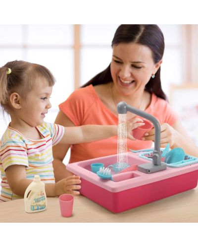 Παιδικός νεροχύτης κουζίνας Raya Toys - Με τρεχούμενο νερό και αξεσουάρ, ροζ - 2