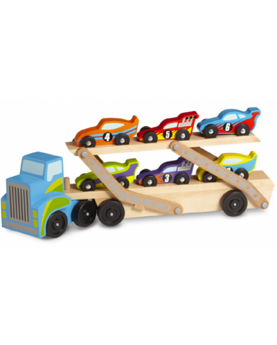 Παιδικό ξύλινο παιχνίδι Melissa & Doug - Αυτομεταφορέας με 6 αυτοκινητάκια - 1