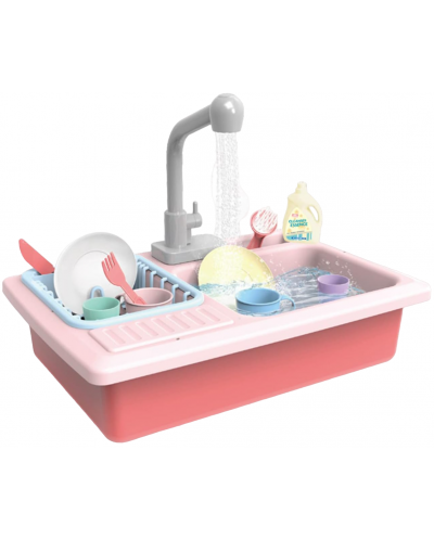 Παιδικός νεροχύτης κουζίνας Raya Toys - Με τρεχούμενο νερό και αξεσουάρ, ροζ - 1