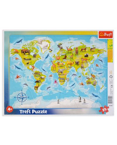 Παιδικό παζλ Trefl  25 κομμάτια - Χάρτης του κόσμου με ζώα - 1