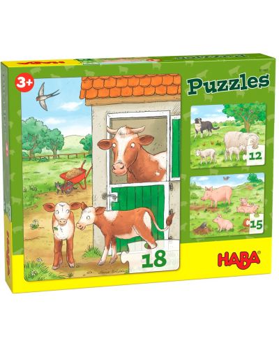 Παιδικό παζλ Haba - Ζώα φάρμας, 3 τεμάχια - 1