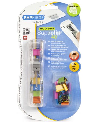 Δοχείο για κλιπ Rapesco - Supaclip, για 40 φύλλα, με 25 χρωματιστά κλιπ που περιλαμβάνονται - 1