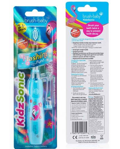 Ηλεκτρική οδοντόβουρτσα Brush Baby - Kidzsonic,Flamingo, με μπαταρίες και 2 άκρες - 2
