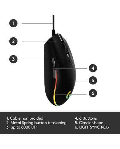 Gaming ποντίκι Logitech - G102 Lightsync, Οπτικό , RGB, μαύρο - 7