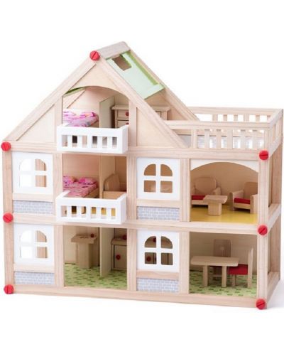 Σετ παιχνιδιού Woody - Τριώροφη κατοικία με μπαλκόνια, αξεσουάρ και κούκλες - 1