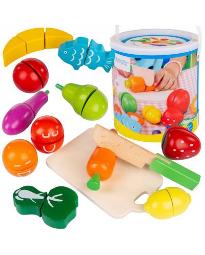 Σετ παιχνιδιού Iso Trade -Ξύλινα φρούτα και λαχανικά σε κουβά - 1