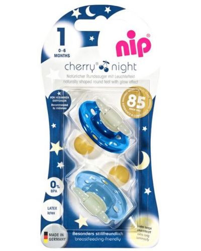 Πιπίλες από καουτσούκ NIP - Cherry Night, 0-6 μηνών , μπλε, 2 τεμάχια - 4