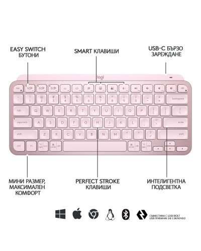 Πληκτρολόγιο Logitech - MX Keys Mini, ασύρματο, ροζ - 7