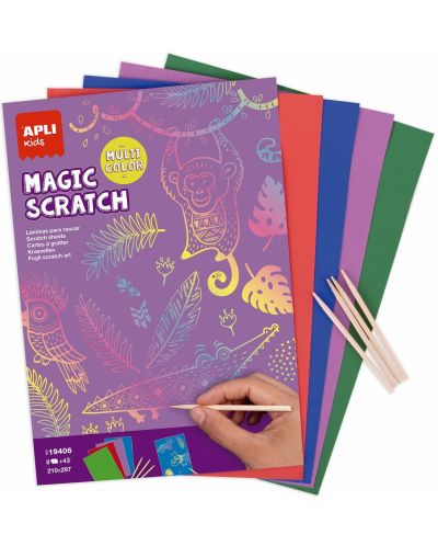 Σετ κάρτες scratch  Apli Kids - 8 χρωματιστές κάρτες και 4 ξύλινα ραβδάκια  - 1