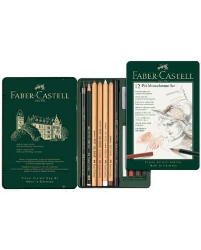 Σετ μολύβια Faber-Castell Pitt  Monochrome - 12 τεμαχίων, σε μεταλλικό κουτί - 2