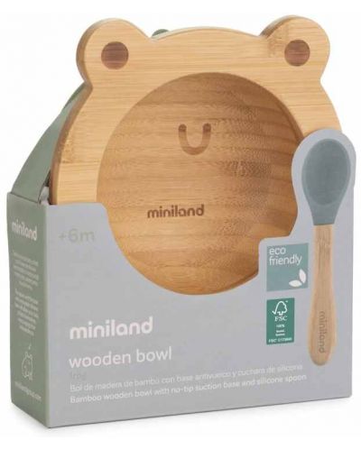Σετ ξύλινο μπολ με βεντούζα και κουτάλι Miniland - Eco Friendly, Frog - 3