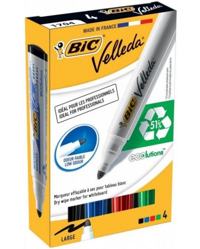 Σετ μαρκαδόρων BIC Whiteboard - Velleda, στρογγυλή μύτη, 5mm, 4 χρώματα - 1