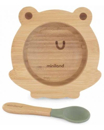 Σετ ξύλινο μπολ με βεντούζα και κουτάλι Miniland - Eco Friendly, Frog - 1