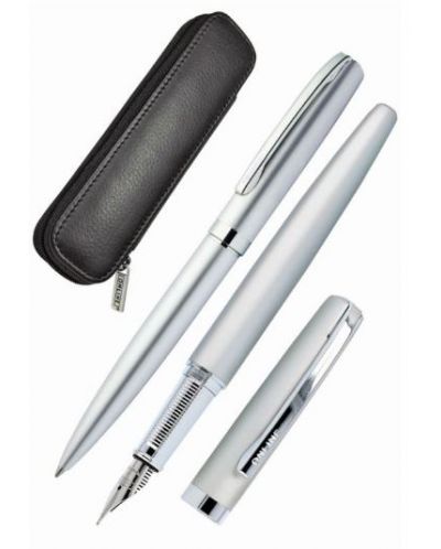 Σετ στυλό και στυλό με δερμάτινη θήκη Online Elegance - Silver - 1
