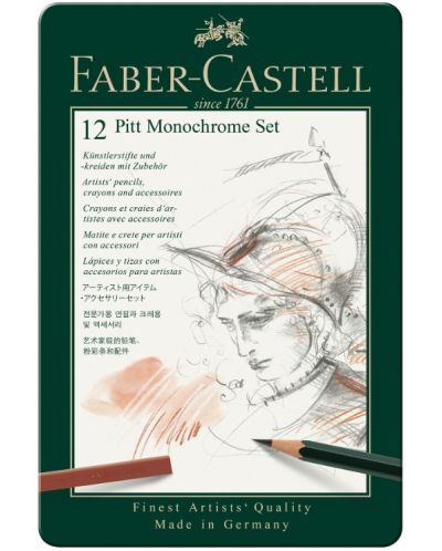 Σετ μολύβια Faber-Castell Pitt  Monochrome - 12 τεμαχίων, σε μεταλλικό κουτί - 1