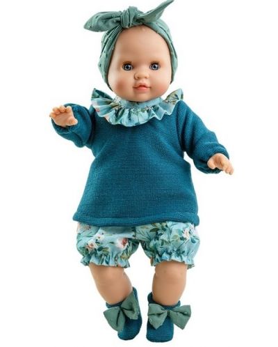 Κούκλα-μωρό Paola Reina Manus - Τζούλια, με φλοράλ παντελόνι και πλεκτή μπλε μπλούζα, 36 εκ - 1