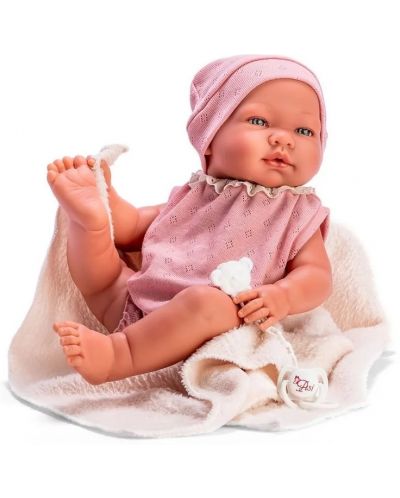 Κούκλα μωρό Asi Dolls -Η Μαρία, με ροζ κορμάκι και μπεζ κουβέρτα, 43 cm - 1